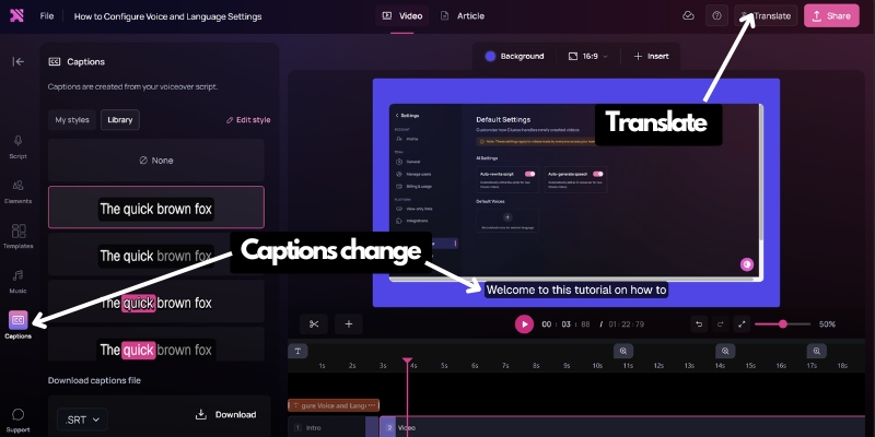Applying custom branding and multi-language captions in the Clueso enhancements menu.