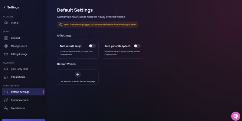 Customizing AI voiceover and language settings in the Clueso project panel.