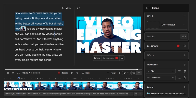 Descript text-based editing interface with synchronized transcript and video preview