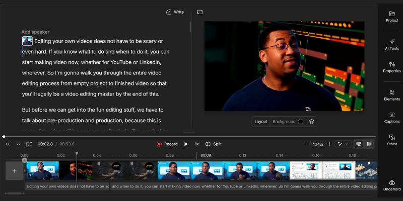 Descript interface showing side-by-side text editor and video canvas.