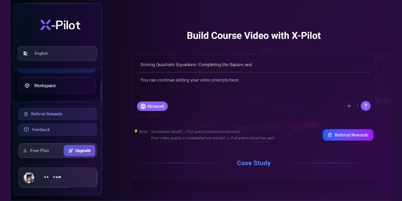 X-Pilot dashboard showing Projects section and Create button with labeled callouts