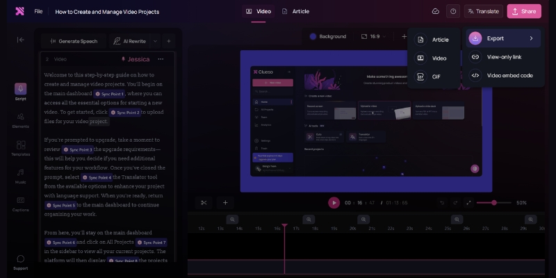 Exporting a finished project from Clueso as an MP4 video or shareable guide.
