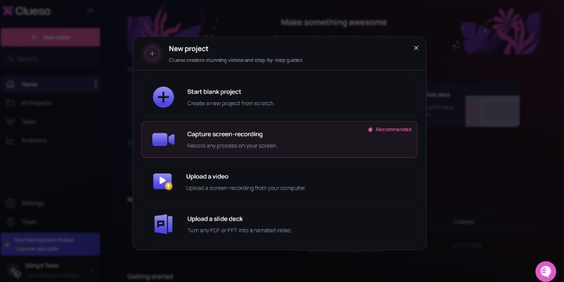 Clueso's project import screen showing multiple upload options.