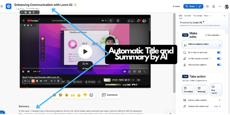 Loom video player displaying AI-generated title, summary bullets, and chapter navigation in sidebar  