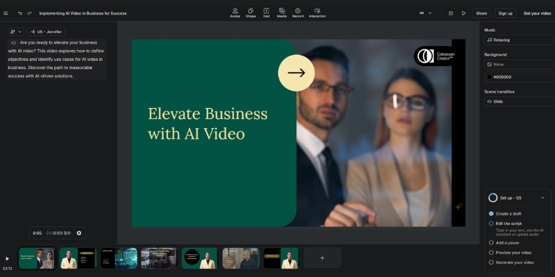 : Colossyan's PPT to Video feature interface, showing PowerPoint slides converted into video scenes with an AI avatar presenter. 