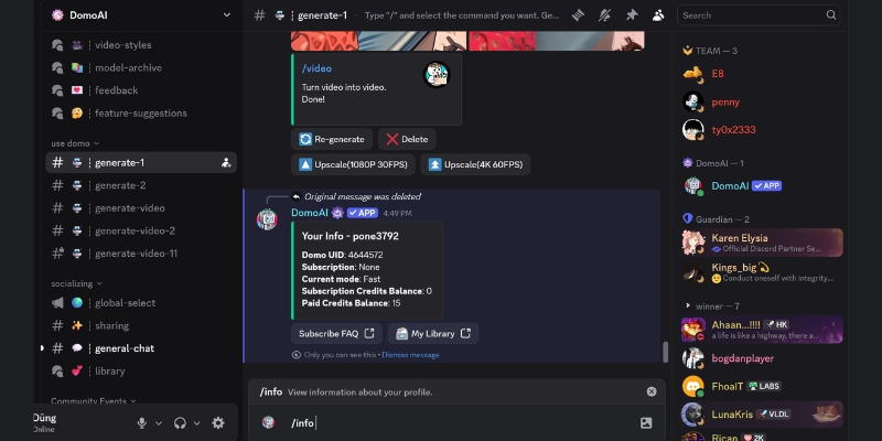 DomoAI Discord interface showing credit balance and subscription details via info command. 