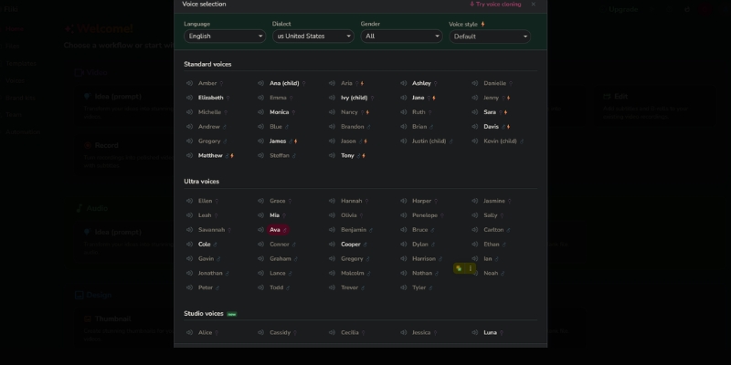 Fliki AI voice selection panel showing 2000+ hyper-realistic neural voice options across 75+ languages. 