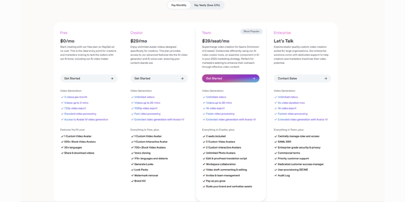 HeyGen Creator Plan pricing features showing 10 Avatar IV minutes and custom video avatar access.