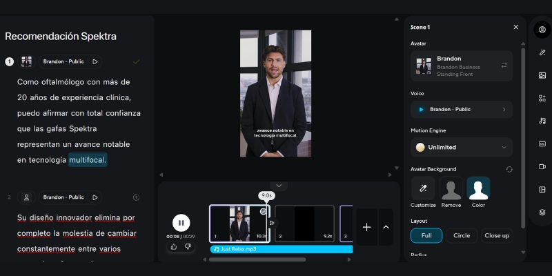 HeyGen video editing interface with timeline and drag-and-drop features.