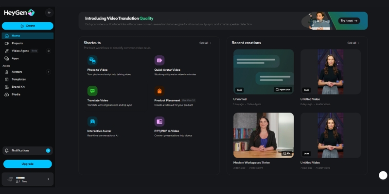 HeyGen dashboard interface showing AI video generator tools and templates.