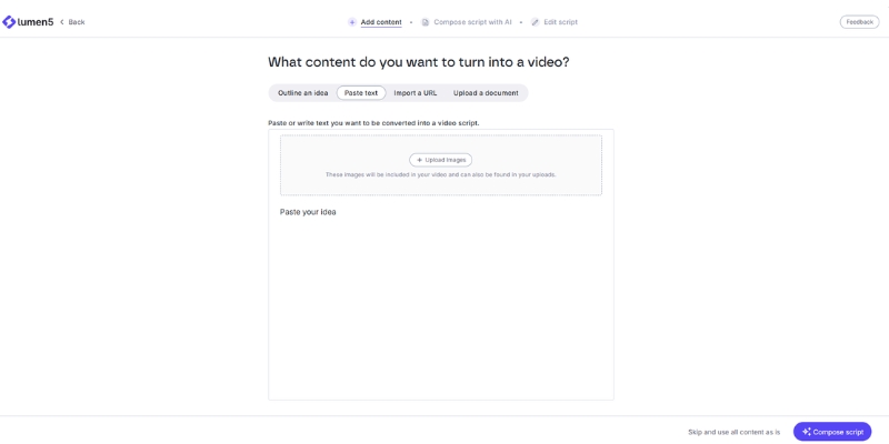 Lumen5 blog-to-video URL import interface for content repurposing.