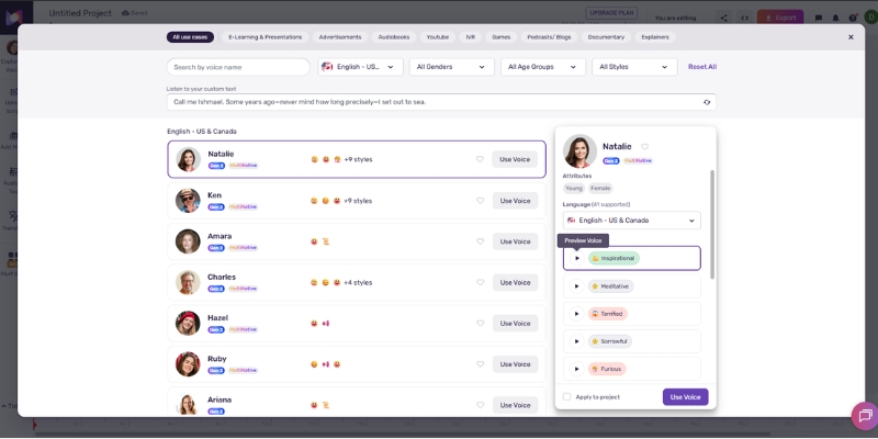 Selecting an AI voice from the Murf AI Voice Library 
