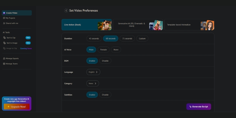  Steve AI dashboard interface displaying animation and live-action workflow options.