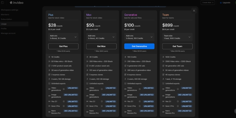 InVideo pricing table comparing iStock credits and AI generation minutes between Plus and Max plans.