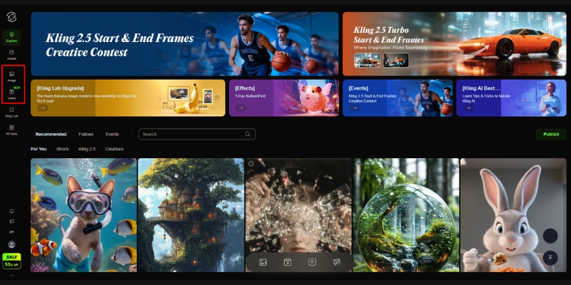 Kling AI web interface dashboard showing generation option 