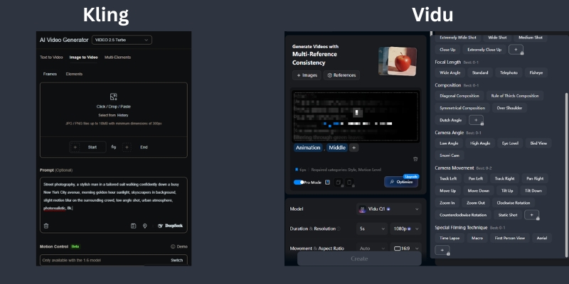 User interface comparison of Kling AI vs Vidu showing prompt controls and camera settings. 