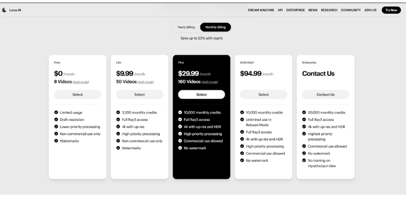 Luma Dream Machine pricing plans comparison chart showing Free, Lite, Plus, and Unlimited tiers.
