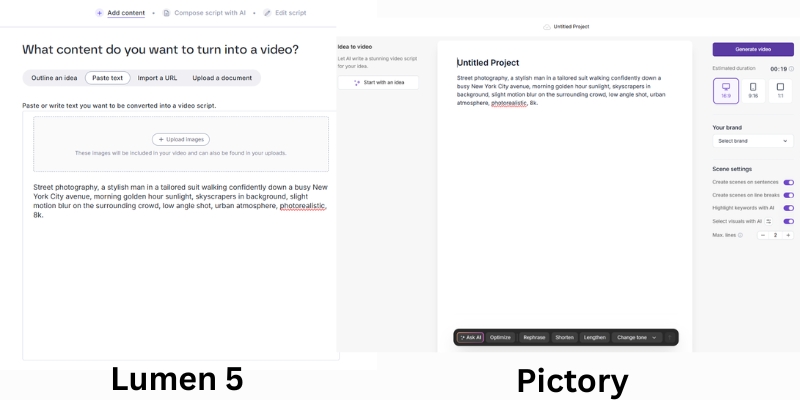 Lumen5 vs Pictory script editor comparison showing AI summarization highlights.