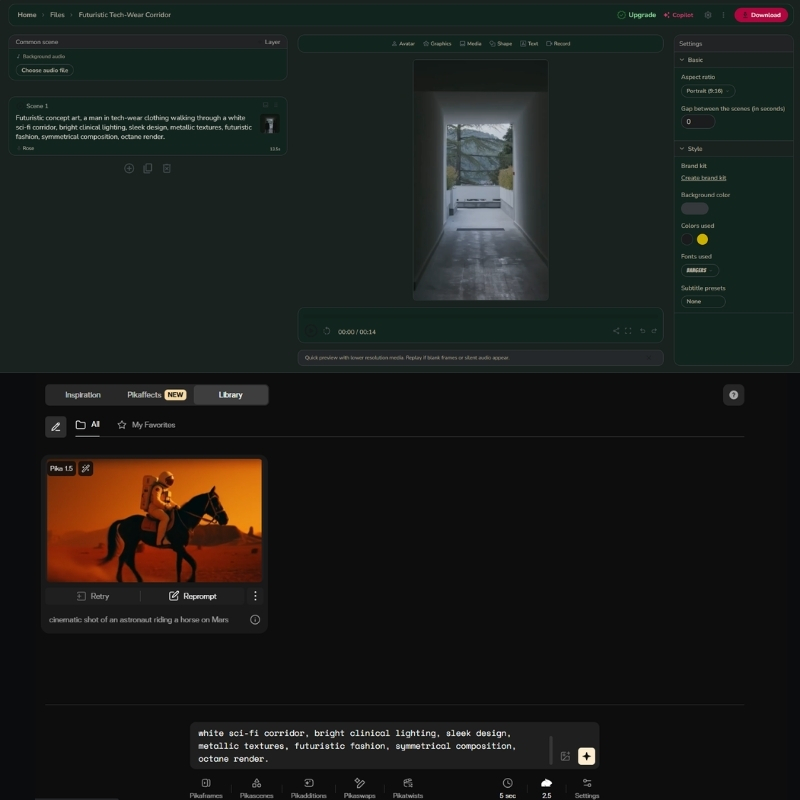 Fliki timeline editor vs Pika 2.5 prompt interface.