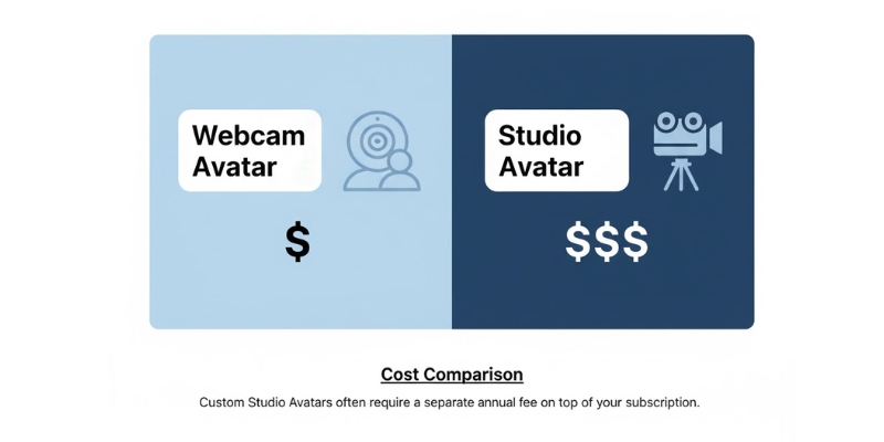 Cost comparison between Synthesia Webcam Avatar and Studio Avatar.