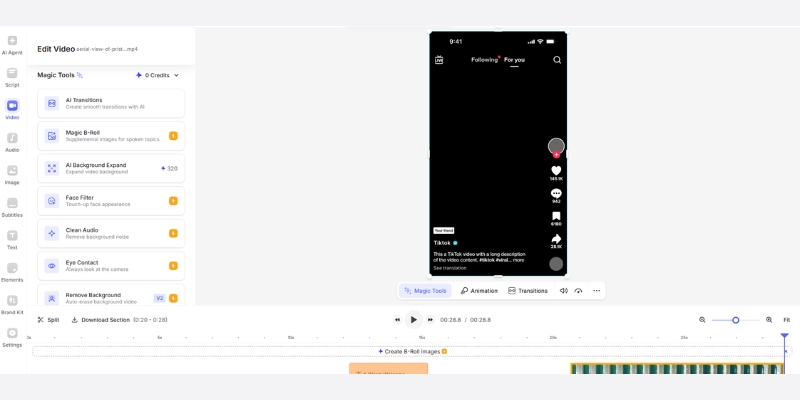 VEED.io browser interface displaying drag-and-drop timeline and AI tool sidebar