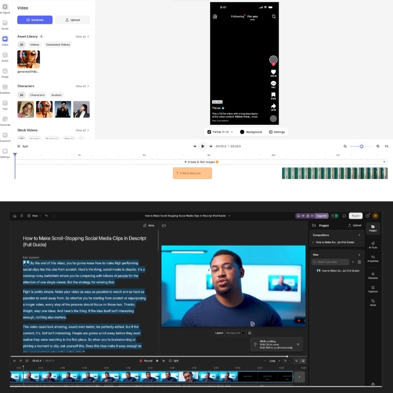 Descript text-based editing interface vs VEED visual timeline editor.