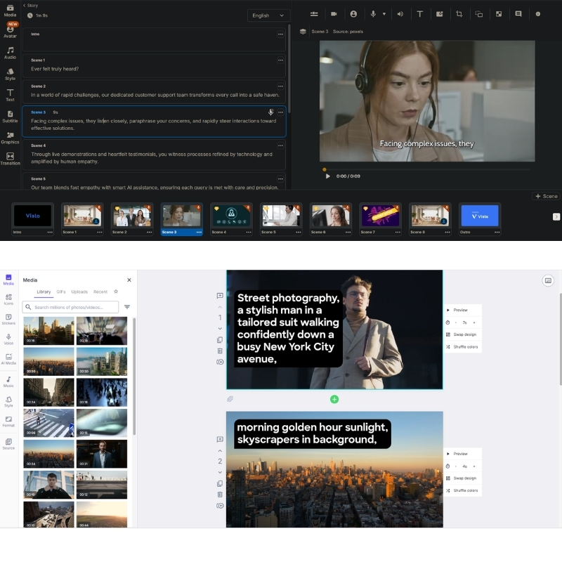 Visla vs Lumen5 editor interface comparison showing text editing vs drag and drop slides.
