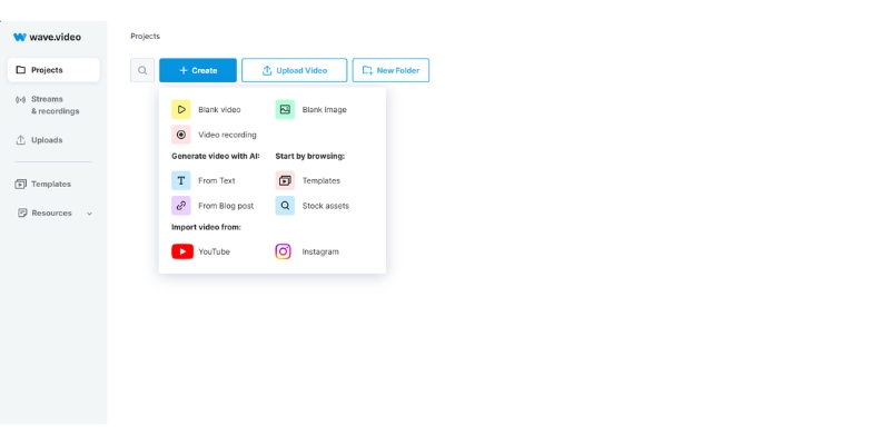 Wave.video dashboard interface showing all-in-one video marketing tools 