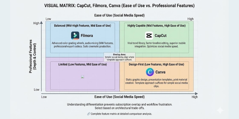 Platform comparison chart showing CapCut positioning between simplicity and power