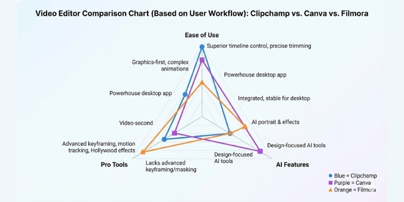 Clipchamp vs Canva vs Filmora comparison chart.