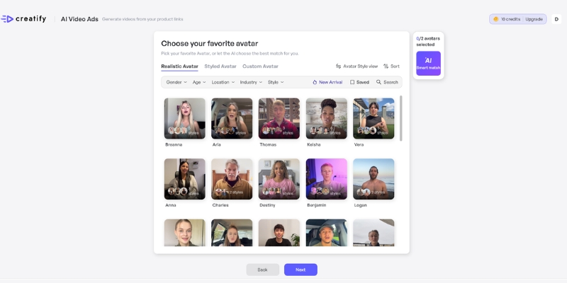 Creatify AI dashboard interface showing the Product URL to Video feature with AI model selection.  