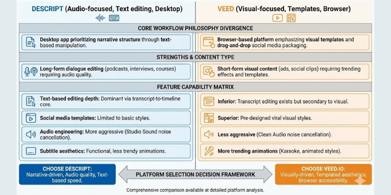 Descript versus VEED.io platform comparison chart showing workflow specialization.
