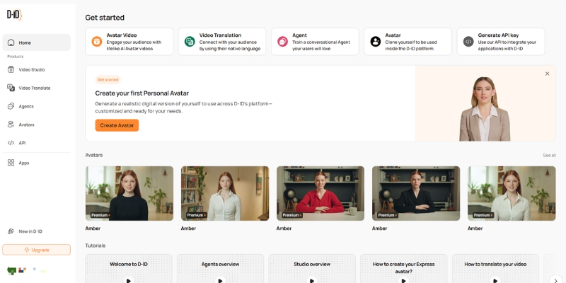 The user interface of D-ID's Creative Reality Studio, showing the avatar selection panel and script input box.