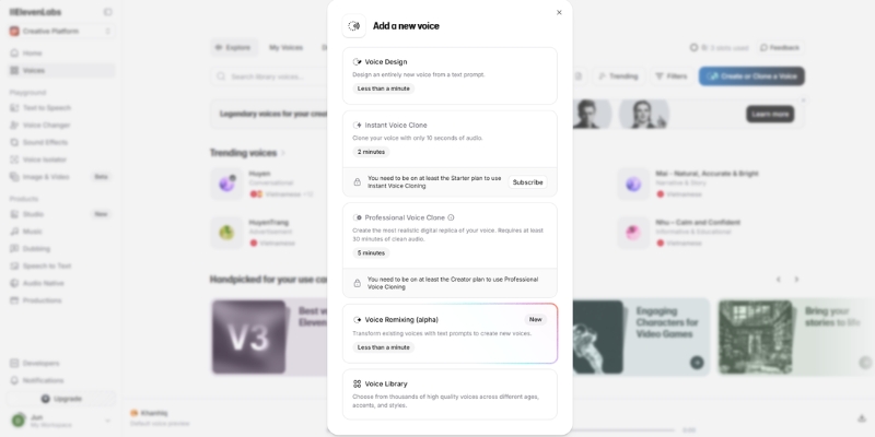 Comparison of Instant vs Professional Voice Cloning in ElevenLabs VoiceLab. 