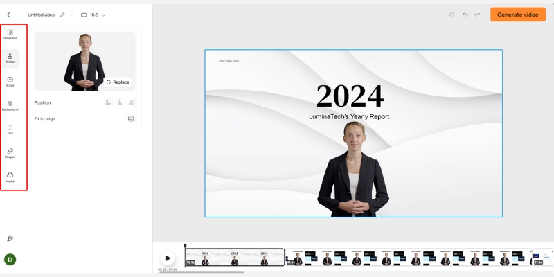 D-ID video editor interface showing script and avatar selection