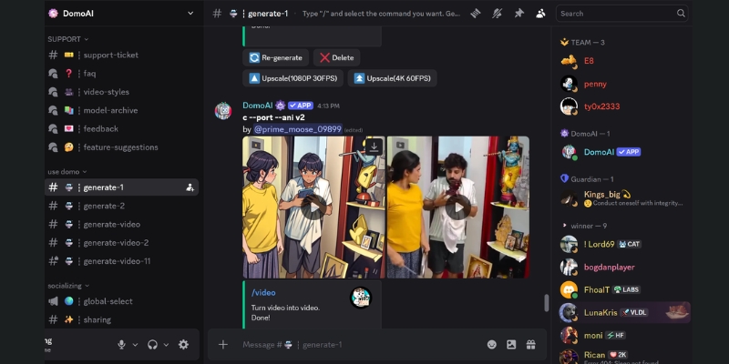 DomoAI Discord interface showing image-to-video anime transformation.