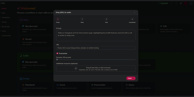 Fliki blog-to-video URL import interface with summarization length selection