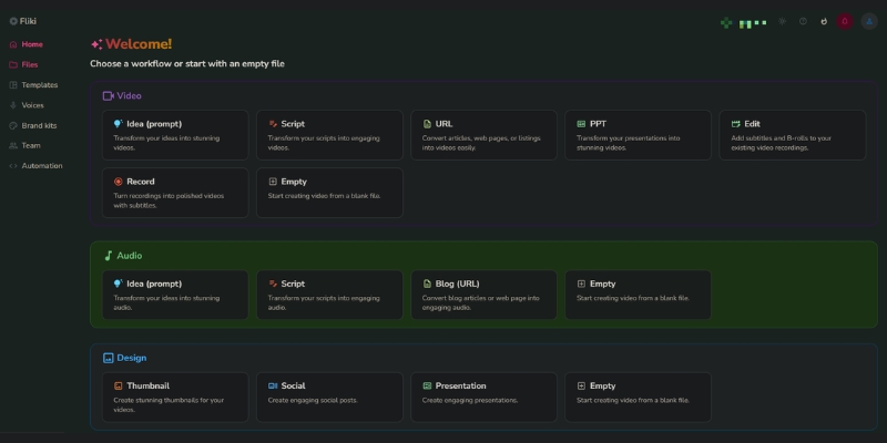 Fliki dashboard interface displaying project files and creation button.