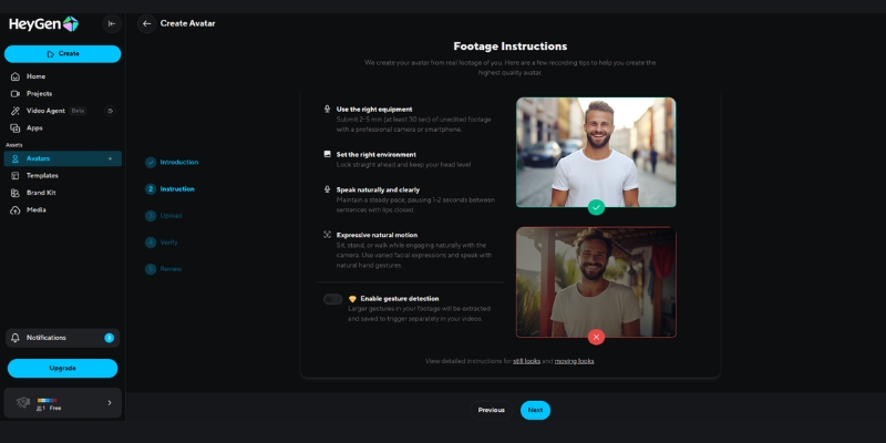 Instructions for creating a HeyGen Instant Avatar using a webcam.