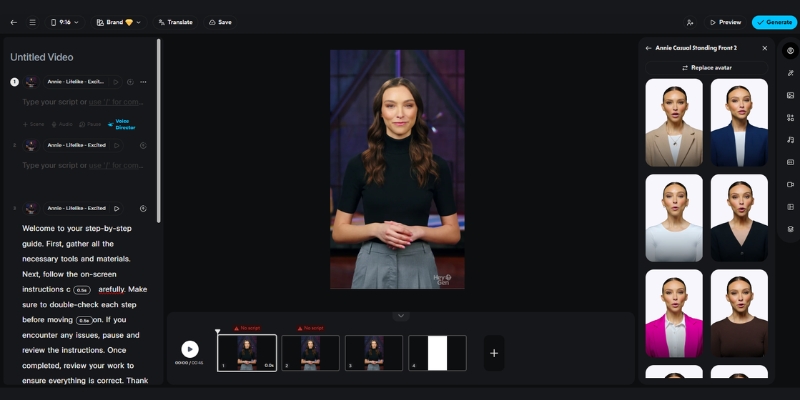 HeyGen video editing interface showing script input and avatar selection. 