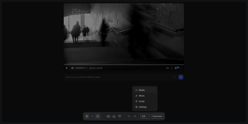 InVideo Studio timeline editor with layered composition and iStock media access.