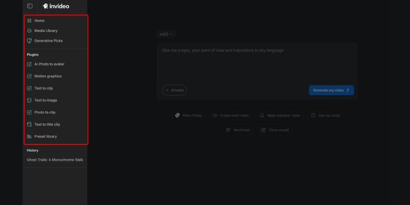 InVideo dashboard displaying AI workflow and Studio template options.