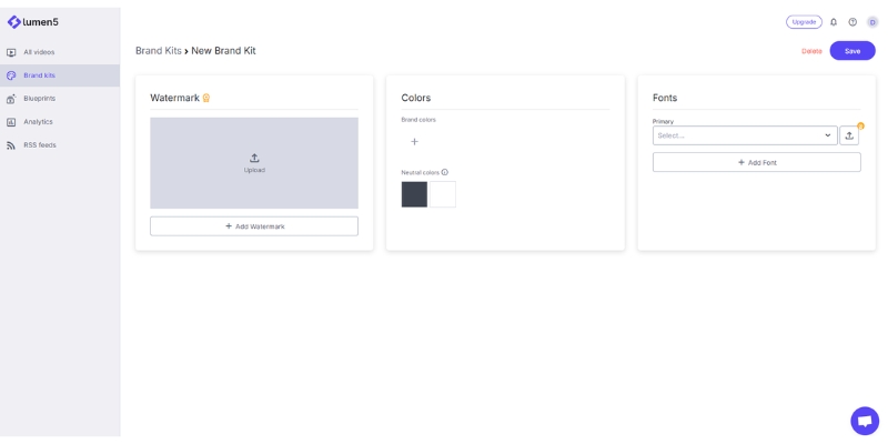 Lumen5 Brand Kit configuration interface with logo and color customization.
