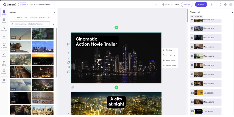 Lumen5 AI summarization interface with highlighted sentence selection.