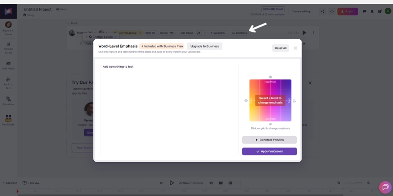 Adjusting word emphasis in Murf Studio to humanize AI voice