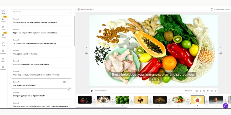 Pictory script editor interface with properly formatted line breaks for scene separation.