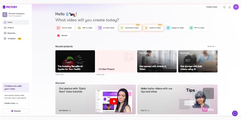 Pictory AI dashboard displaying Script to Video, Article to Video, Edit Videos Using Text, and Visuals to Video and more options 