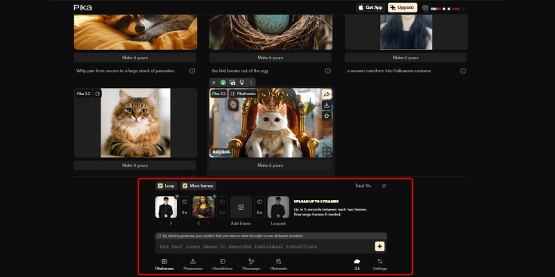 Pikaframes feature demonstrating keyframe animation setup in Pika 2.2. 