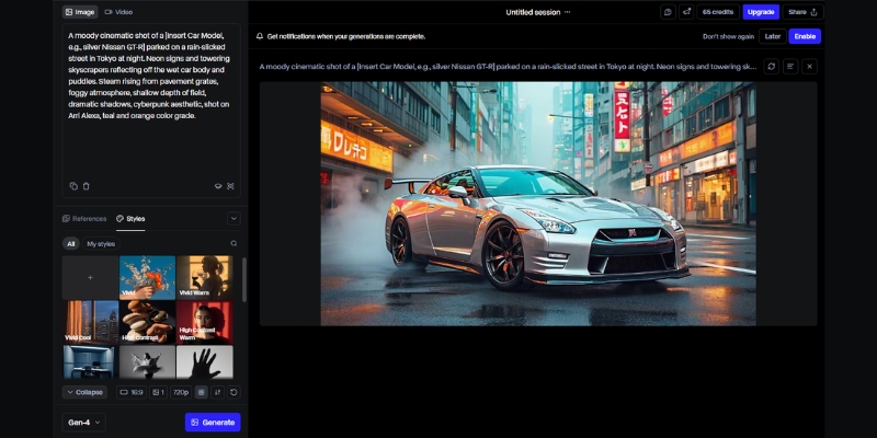 Runway text-to-video interface with a prompt for a cinematic car shot