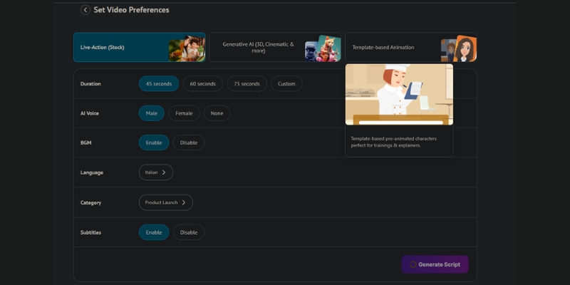  Steve AI script editor displaying context selection and keyword emphasis options